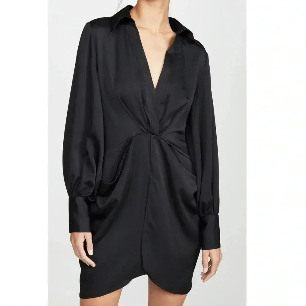C/MEO Collective Black Long Sleeve Mini Dress Pocket Ruffle Button Cuff Side Zip